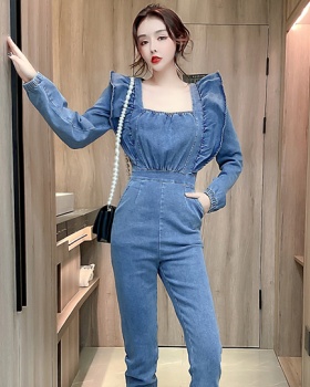 Fashion slim spring long pants denim lotus leaf edges jumpsuit