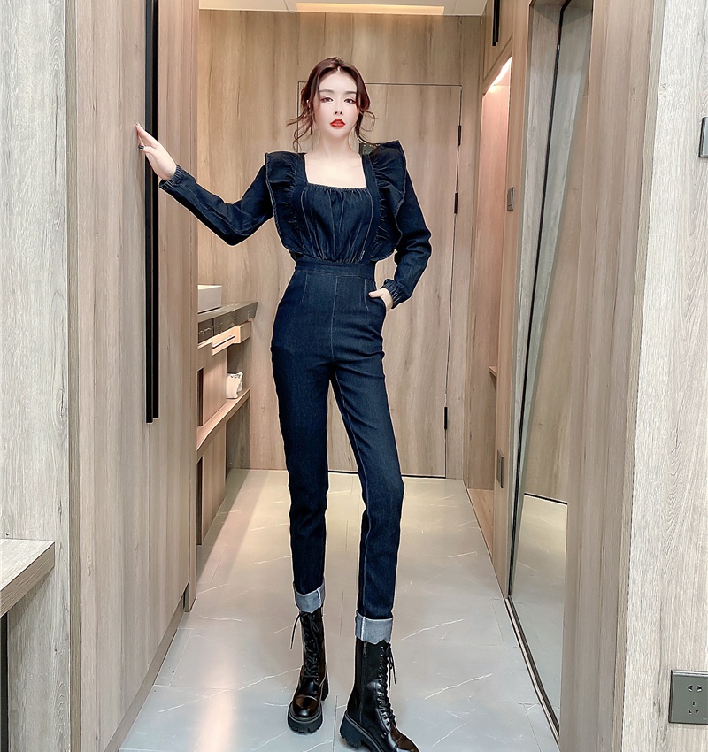 Fashion slim spring long pants denim lotus leaf edges jumpsuit