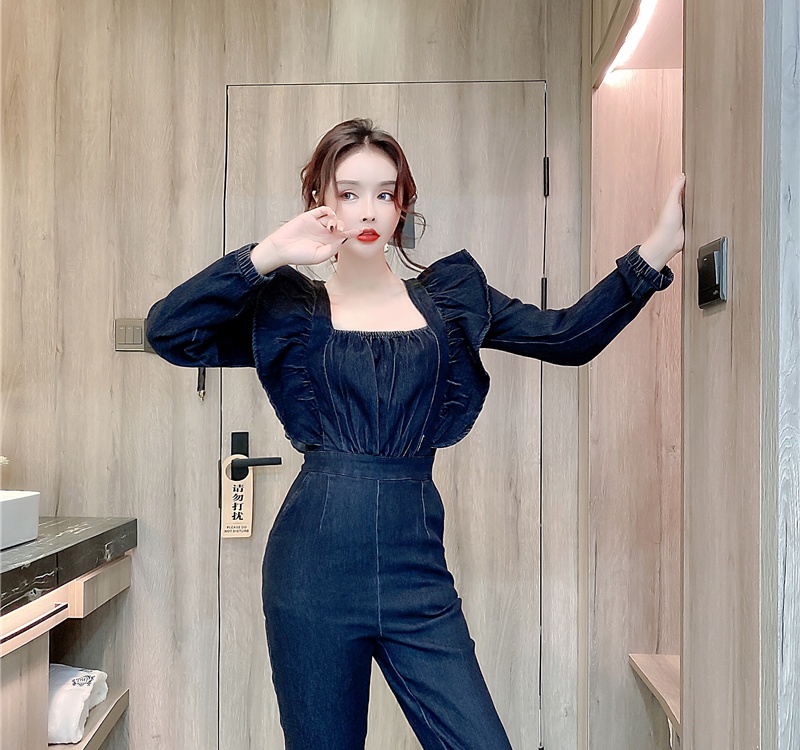 Fashion slim spring long pants denim lotus leaf edges jumpsuit