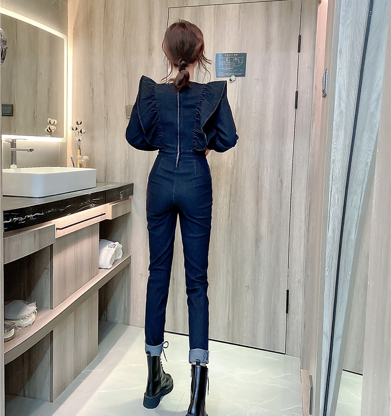 Fashion slim spring long pants denim lotus leaf edges jumpsuit