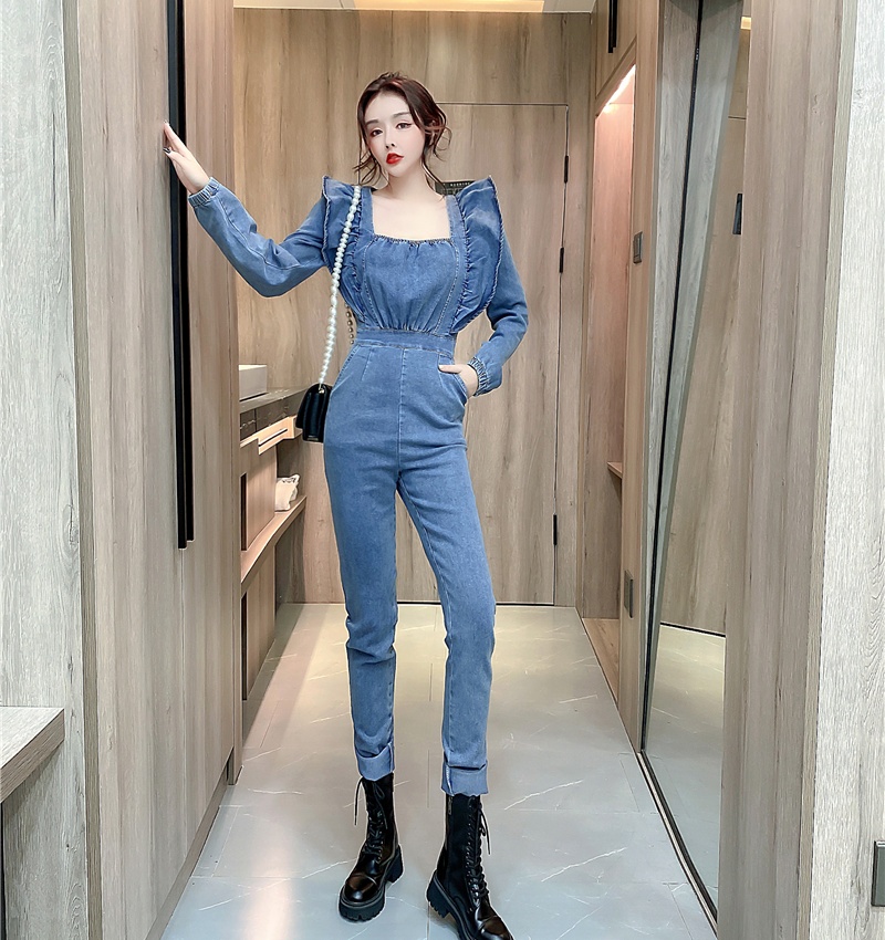 Fashion slim spring long pants denim lotus leaf edges jumpsuit