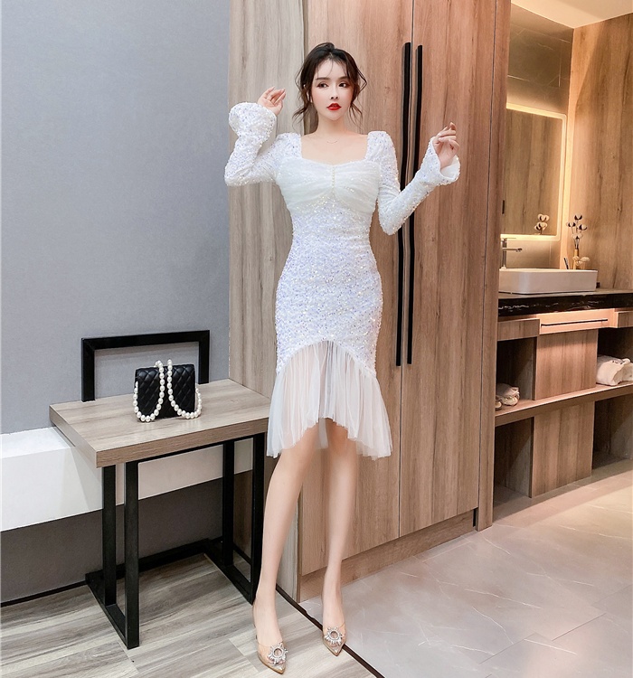 Fashion V-neck sequins long dress package hip spring dress