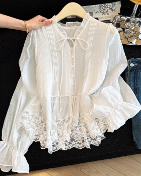 Lace tender shirt long sleeve lotus leaf edges tops
