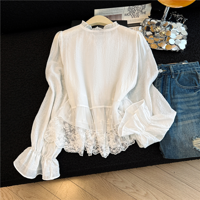 Lace tender shirt long sleeve lotus leaf edges tops