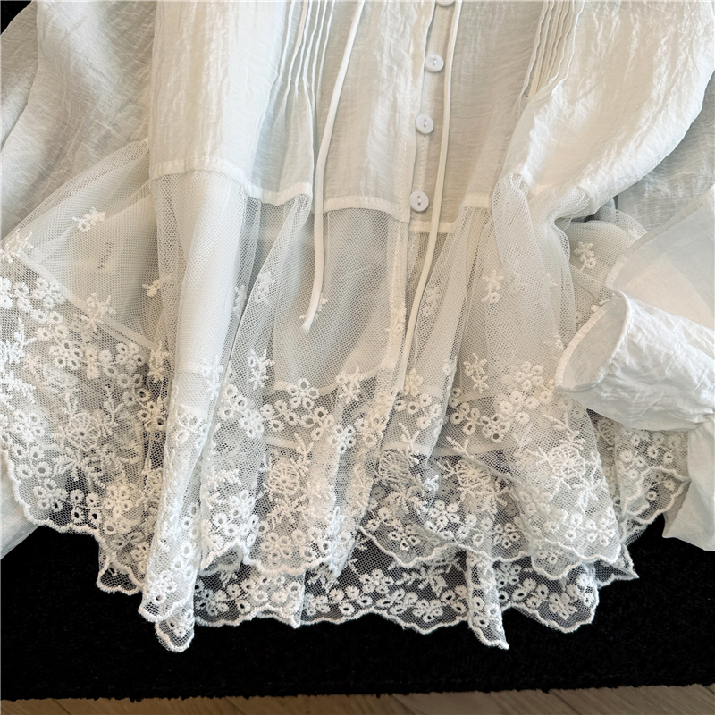 Lace tender shirt long sleeve lotus leaf edges tops