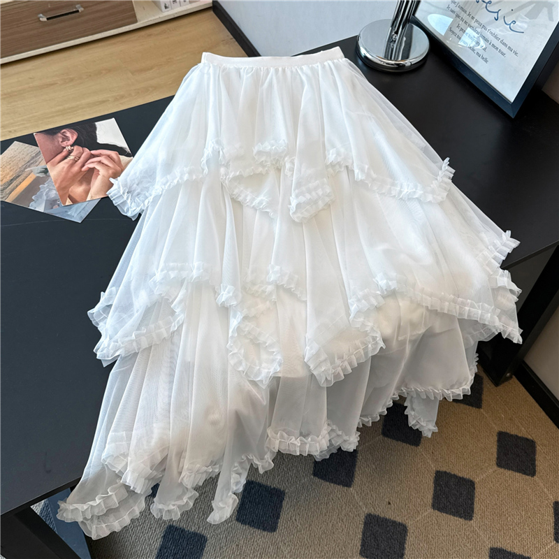A-line gauze wood ear thick and disorderly white skirt