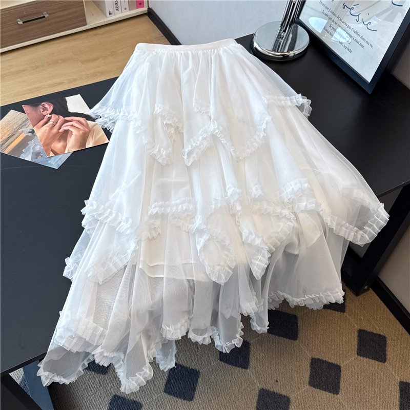 A-line gauze wood ear thick and disorderly white skirt