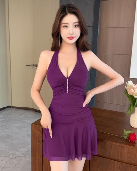 Halter slim bottoming T-back France style high waist dress