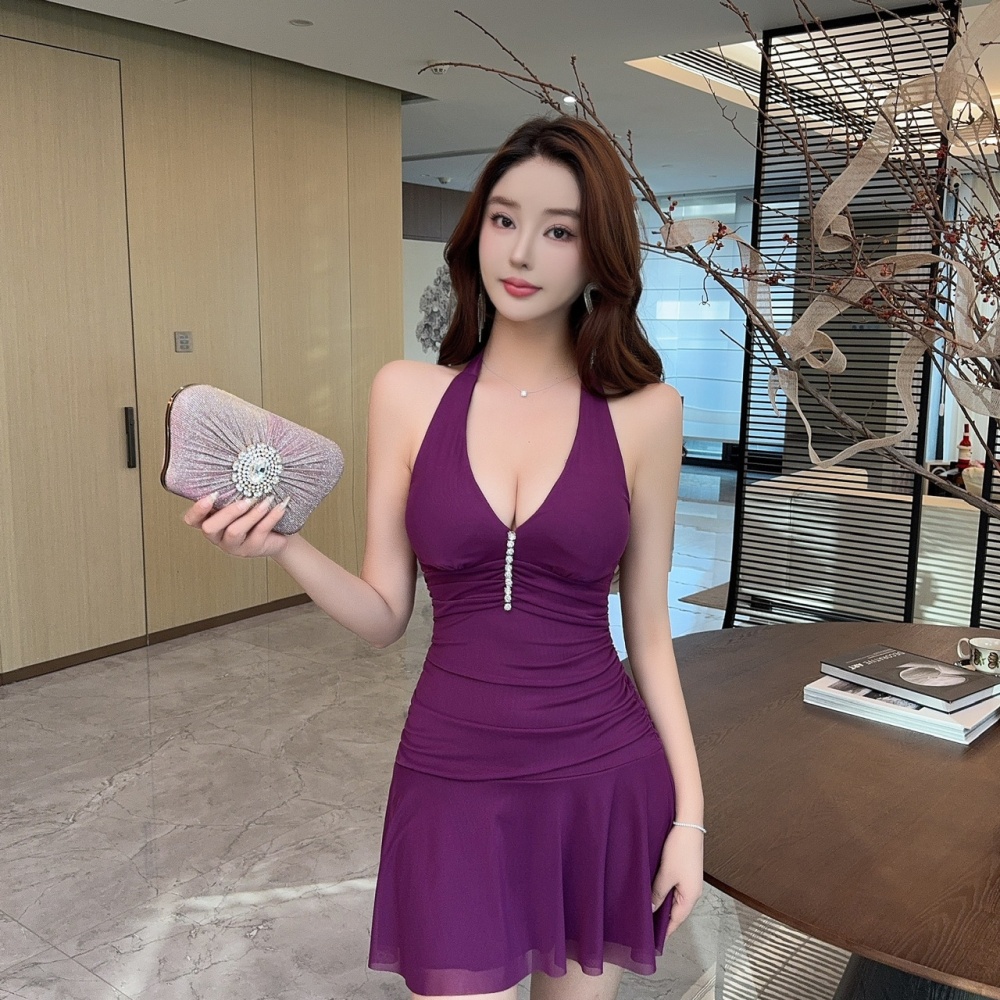 Halter slim bottoming T-back France style high waist dress