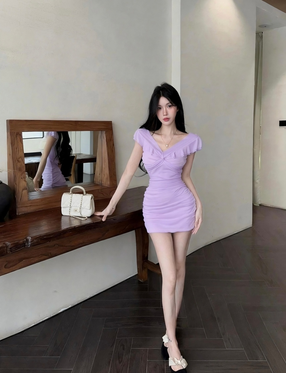 Fold sexy slim enticement flat shoulder ladies dress