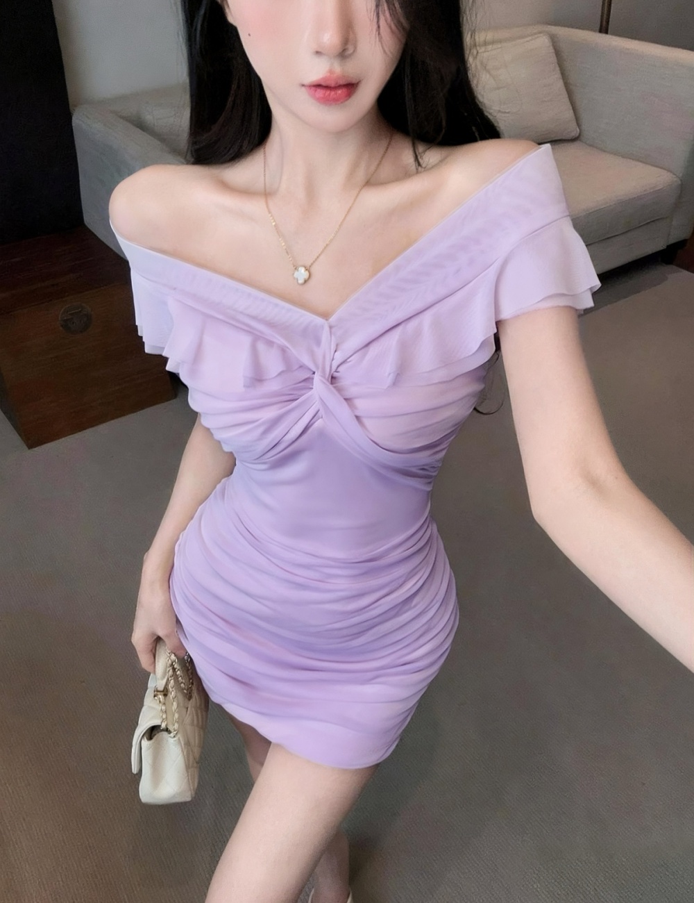 Fold sexy slim enticement flat shoulder ladies dress