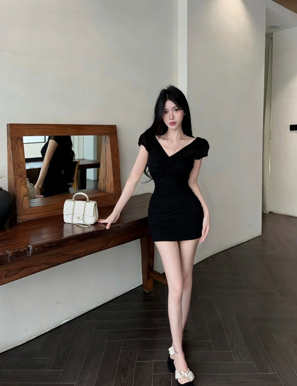 Fold sexy slim enticement flat shoulder ladies dress