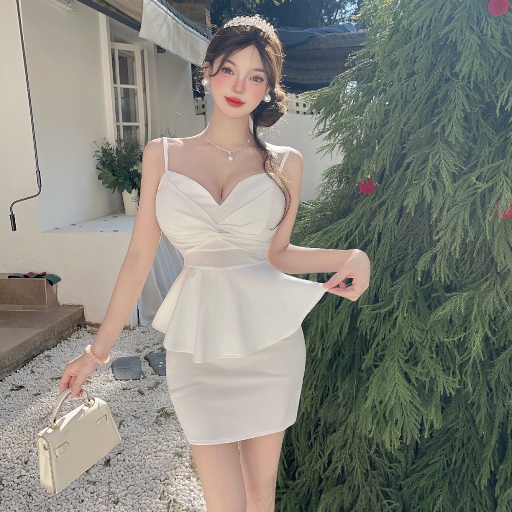 Sexy sling tight package hip short Pseudo-two dress