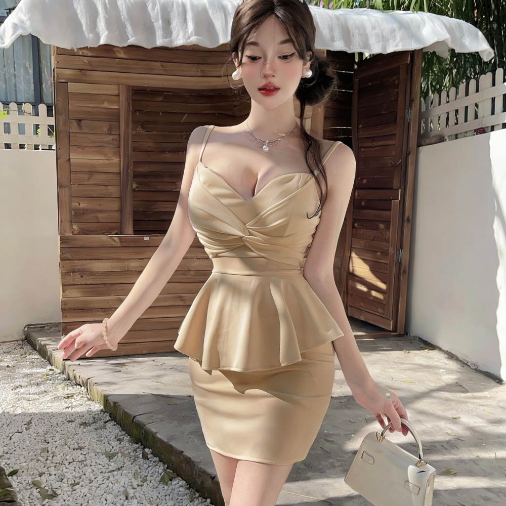 Sexy sling tight package hip short Pseudo-two dress