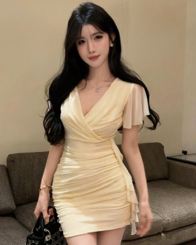 Gauze bottoming package hip tassels splice boats sleeve dress