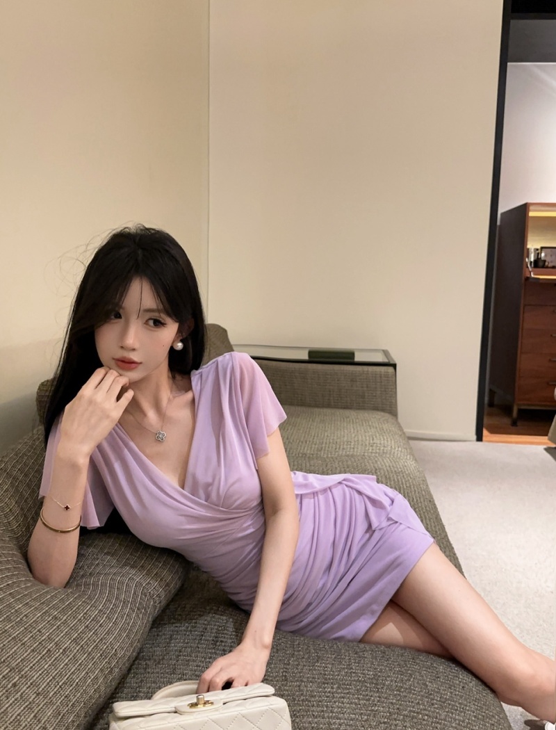 Gauze bottoming package hip tassels splice boats sleeve dress