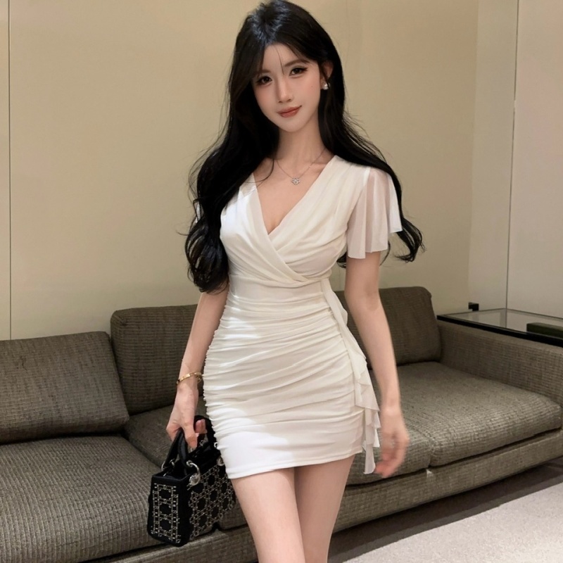 Gauze bottoming package hip tassels splice boats sleeve dress