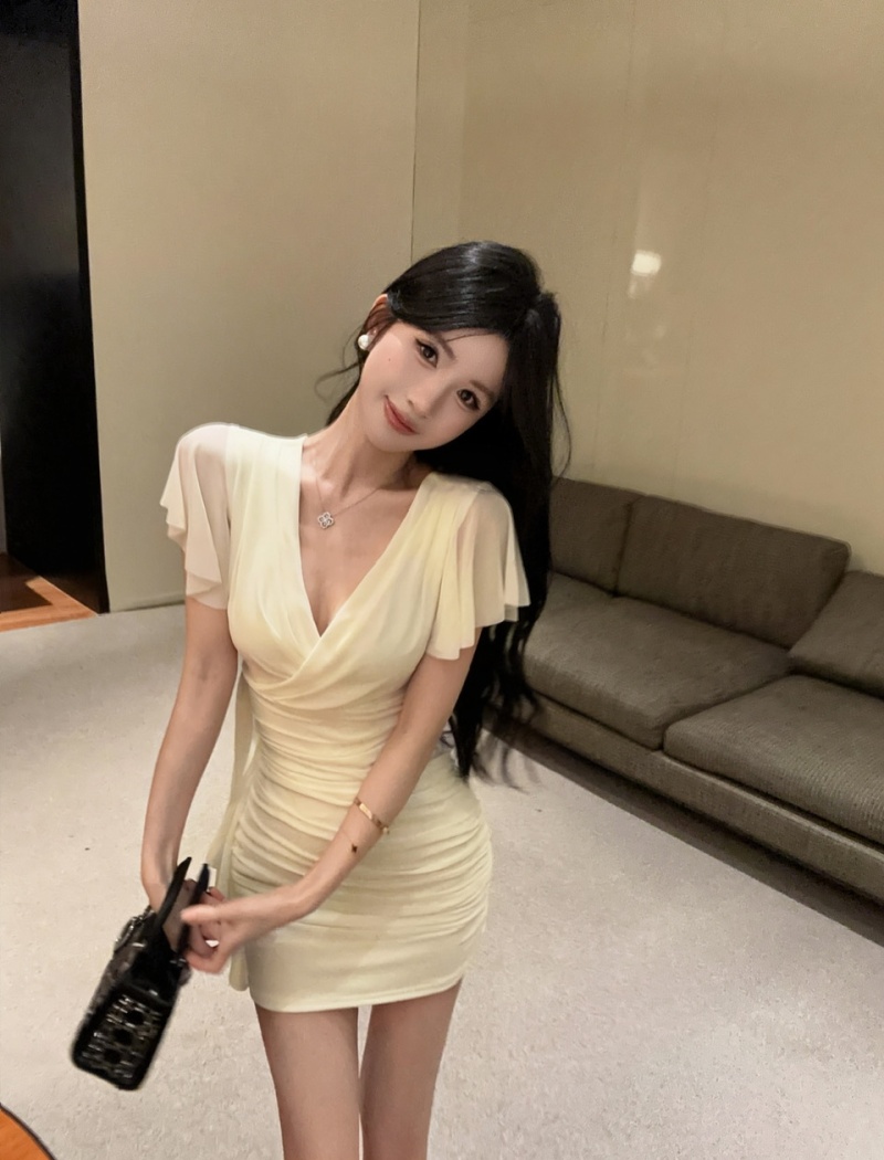 Gauze bottoming package hip tassels splice boats sleeve dress