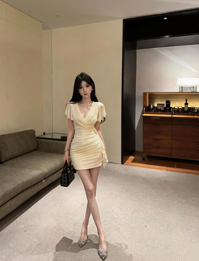 Gauze bottoming package hip tassels splice boats sleeve dress