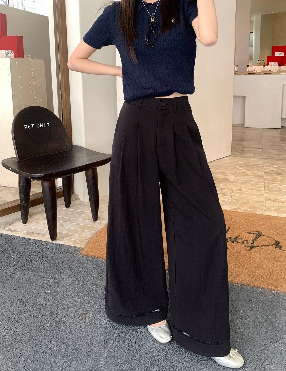 White hollow casual pants drape spring wide leg pants