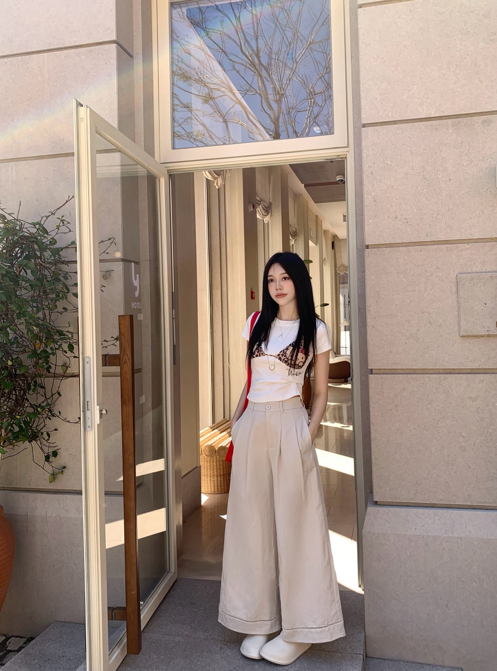 White hollow casual pants drape spring wide leg pants
