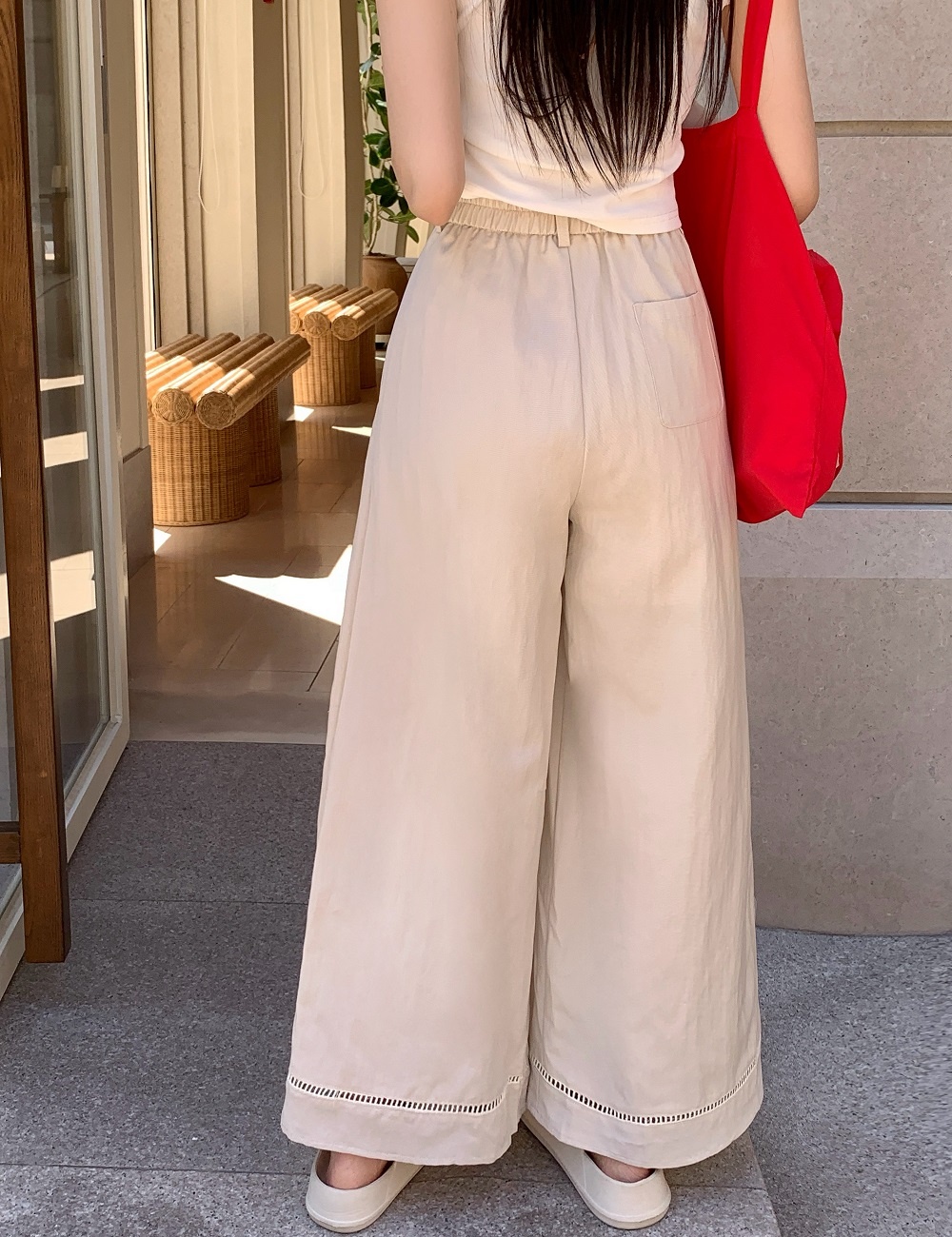 White hollow casual pants drape spring wide leg pants
