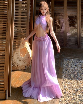 Sexy vacation spring long skirt halter chiffon tops a set