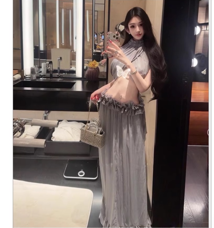 Sexy vacation spring long skirt halter chiffon tops a set
