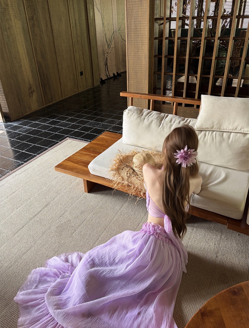 Sexy vacation spring long skirt halter chiffon tops a set