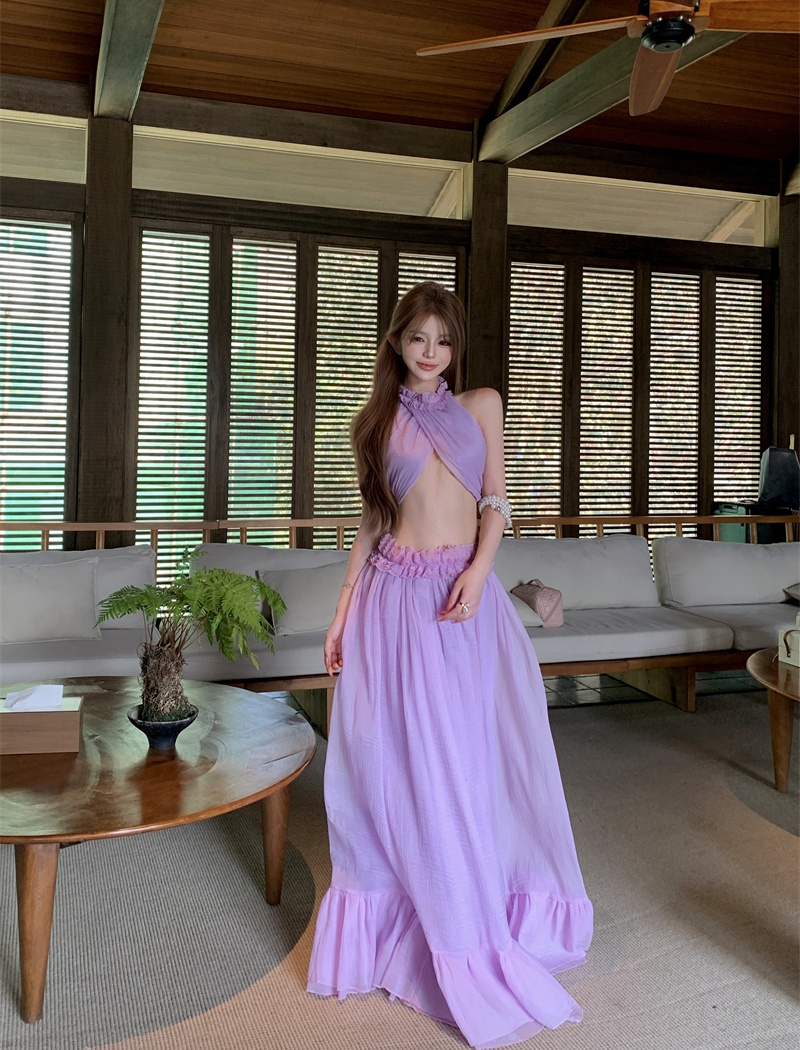 Sexy vacation spring long skirt halter chiffon tops a set