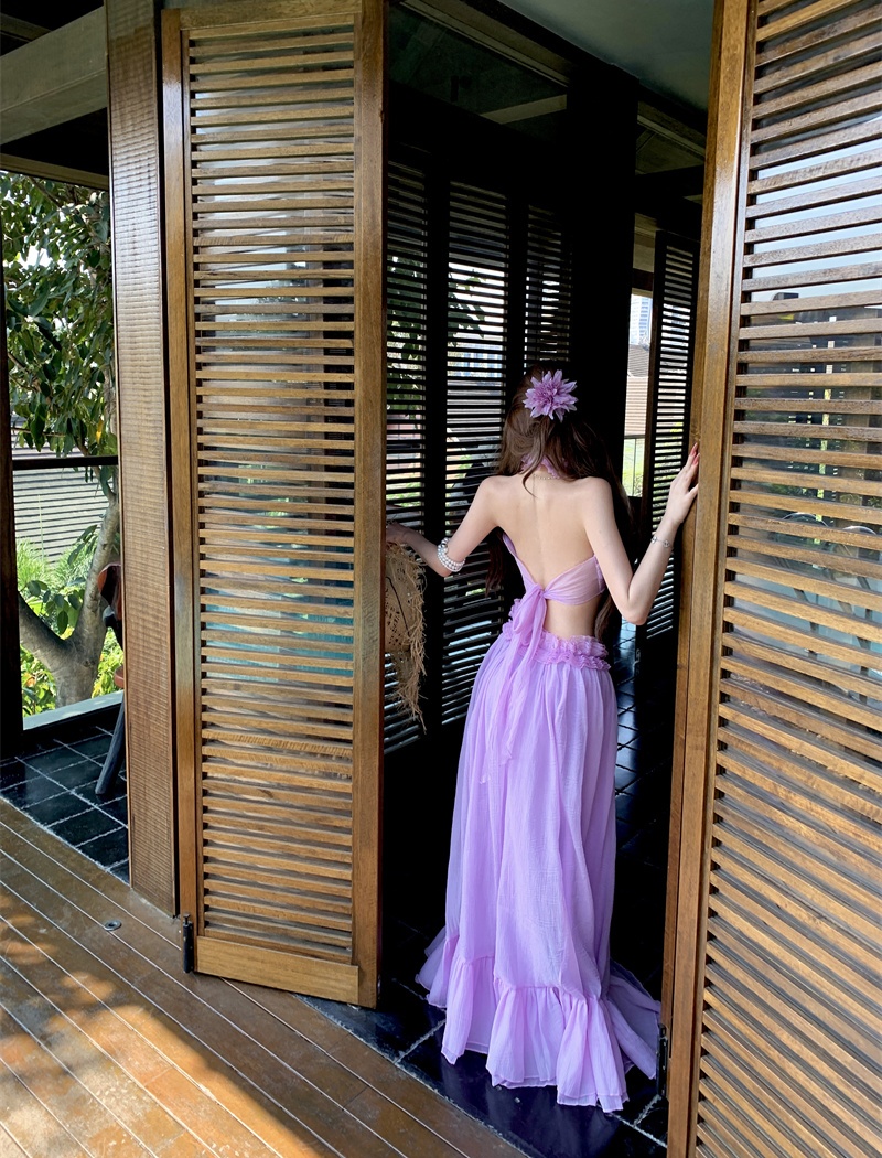 Sexy vacation spring long skirt halter chiffon tops a set