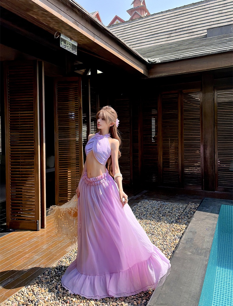 Sexy vacation spring long skirt halter chiffon tops a set