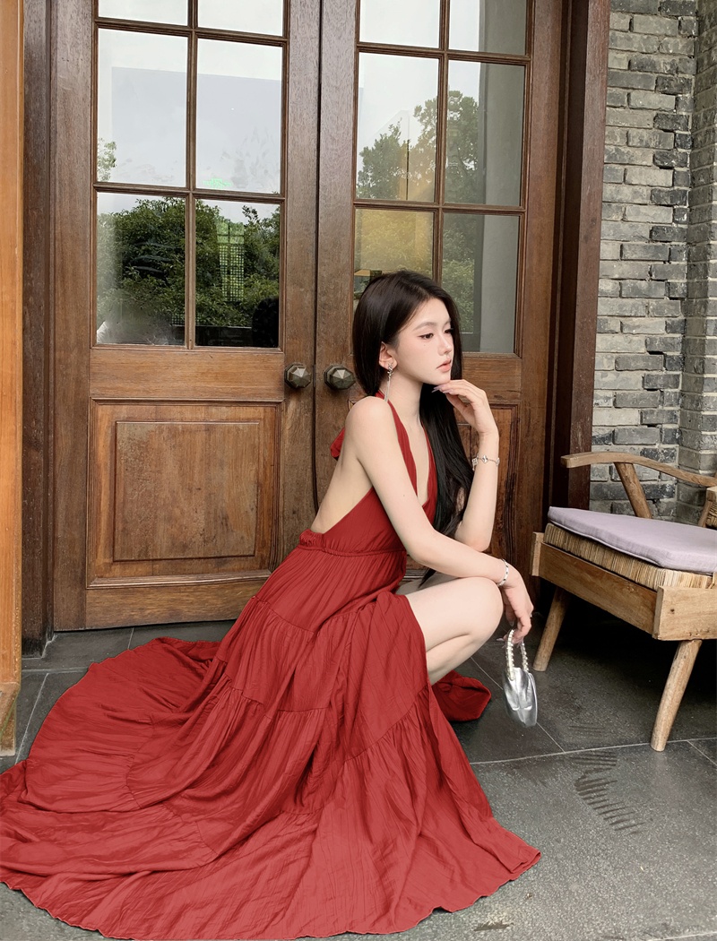Seaside pinched waist red dress halter V-neck long dress