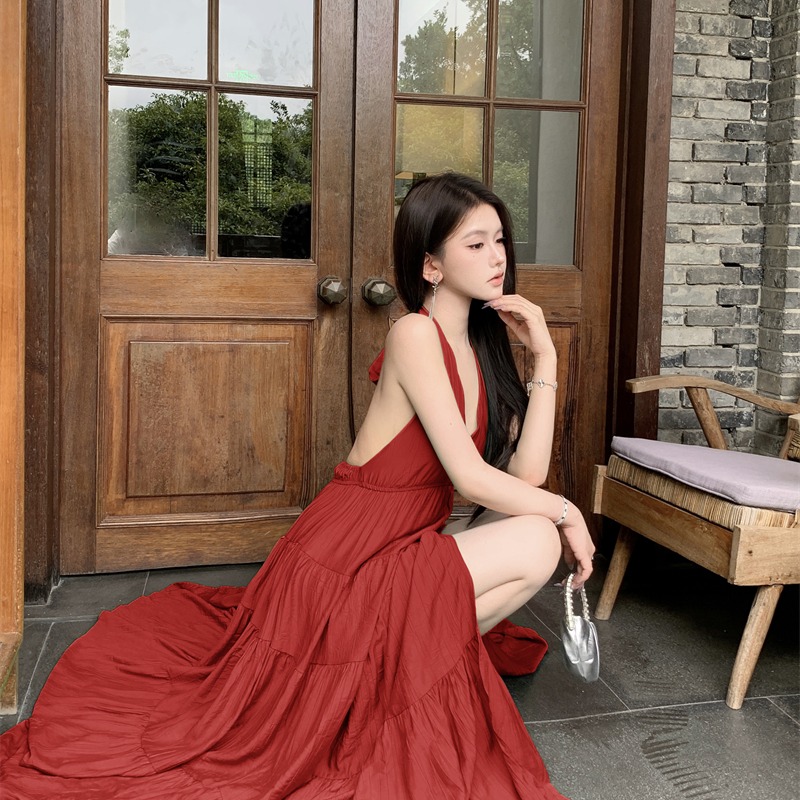 Seaside pinched waist red dress halter V-neck long dress