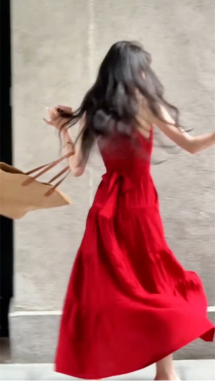 Seaside pinched waist red dress halter V-neck long dress