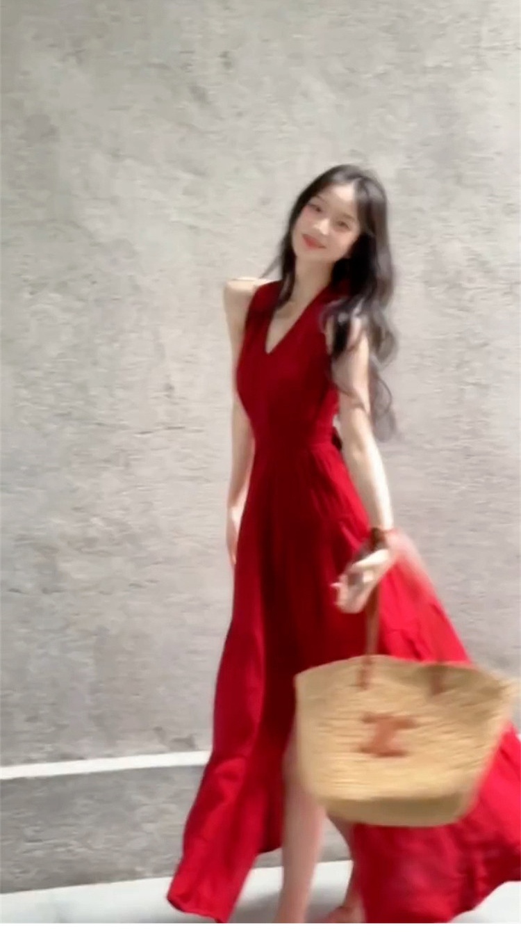 Seaside pinched waist red dress halter V-neck long dress