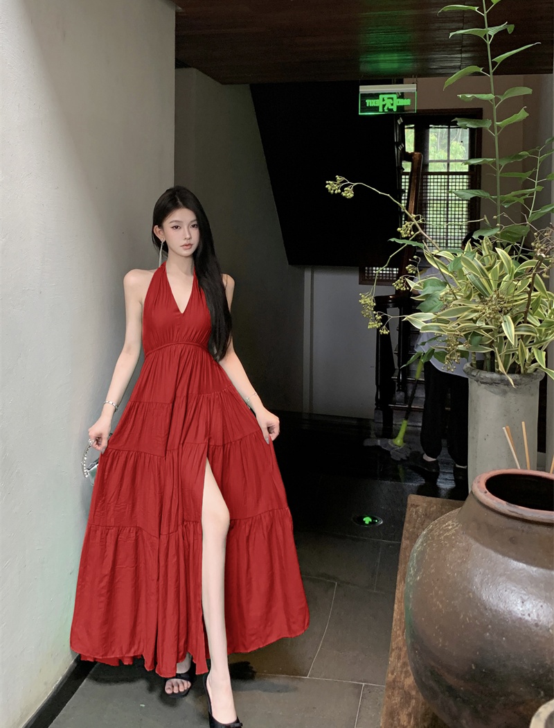 Seaside pinched waist red dress halter V-neck long dress