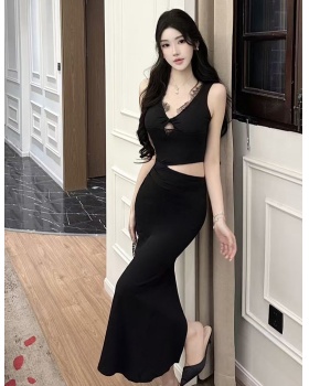 Spring and summer black lace V-neck splice hollow dress