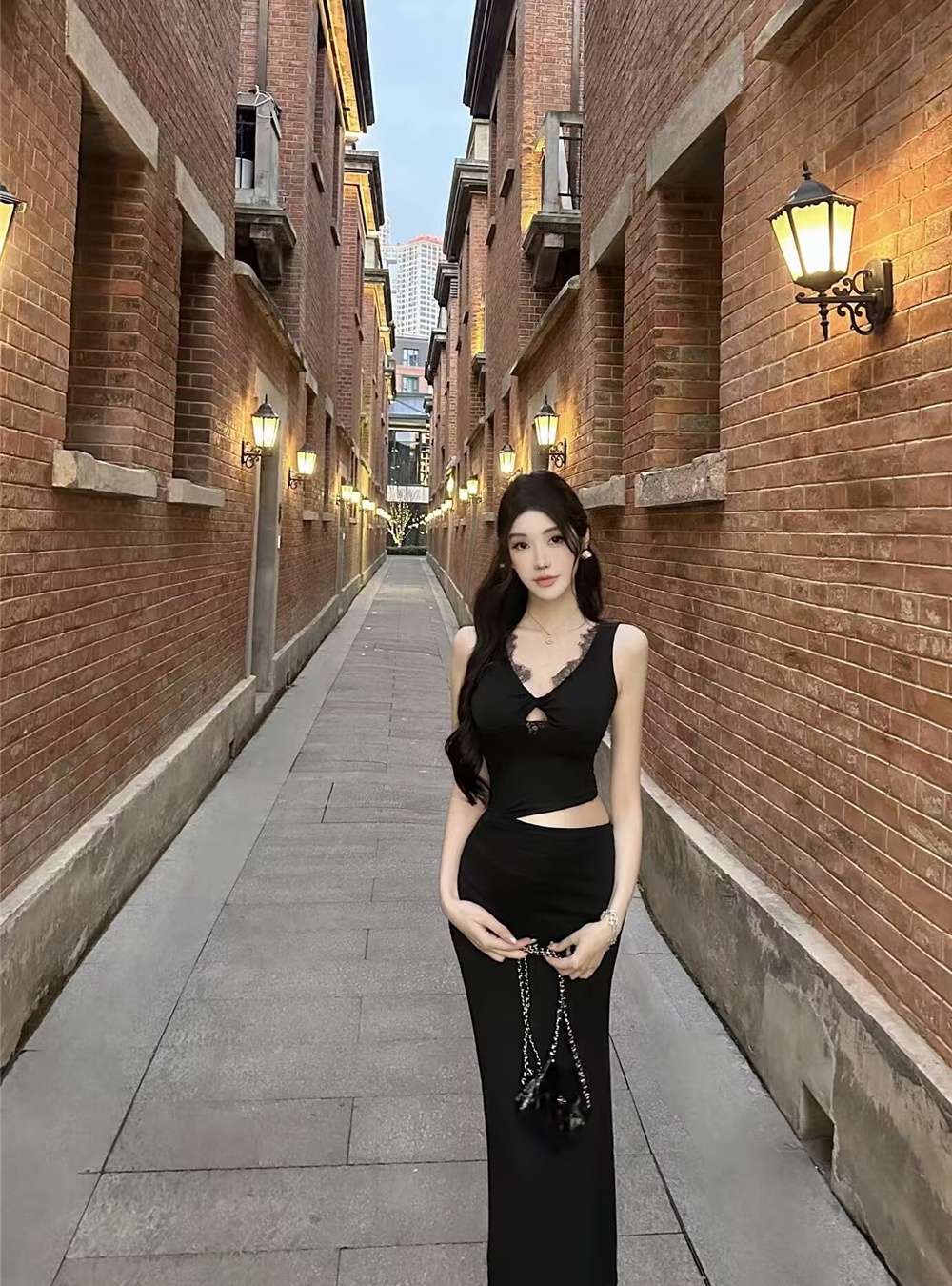 Spring and summer black lace V-neck splice hollow dress