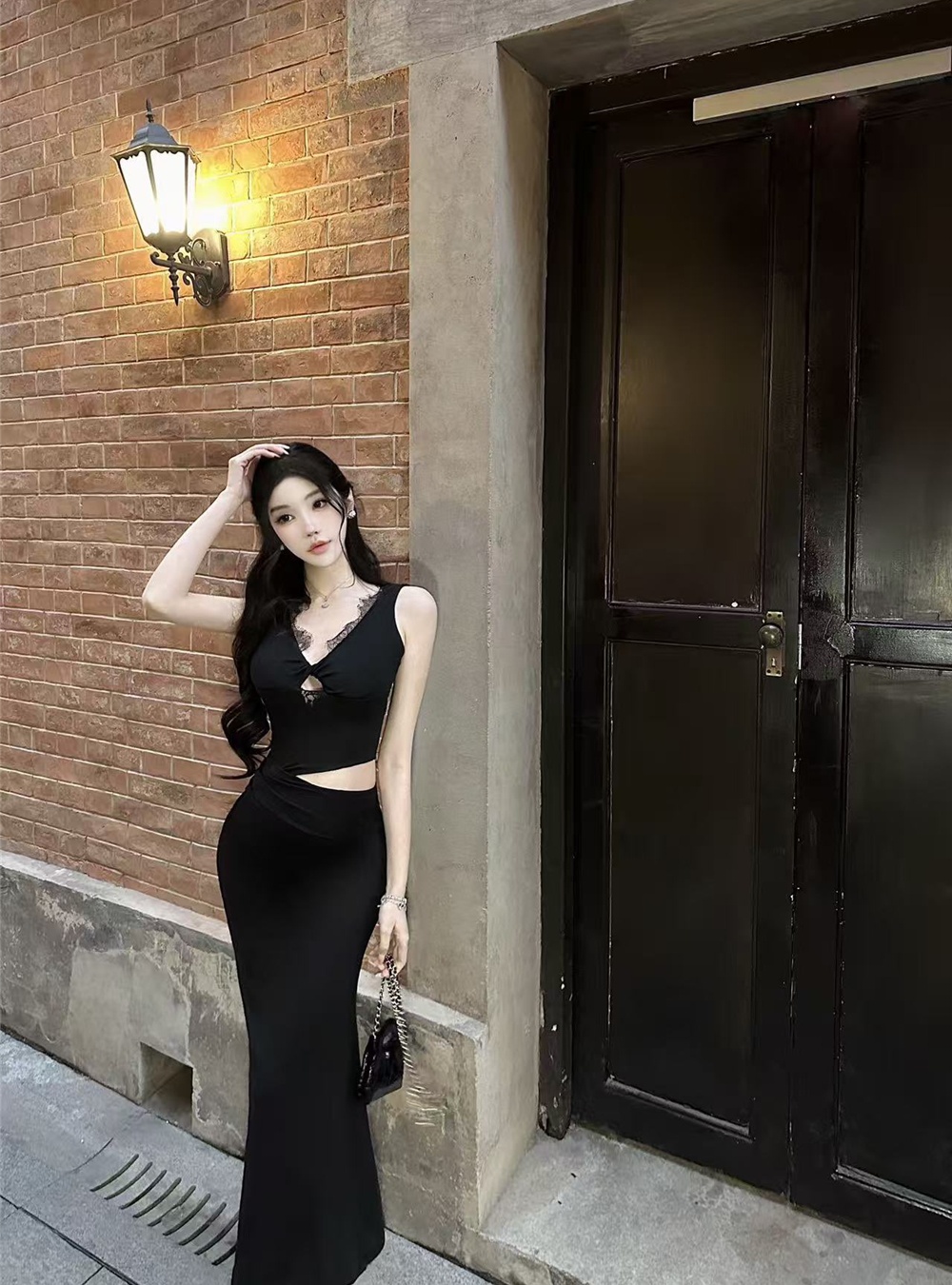 Spring and summer black lace V-neck splice hollow dress