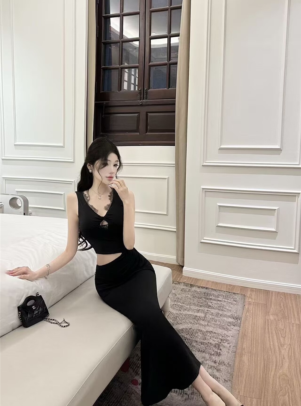 Spring and summer black lace V-neck splice hollow dress