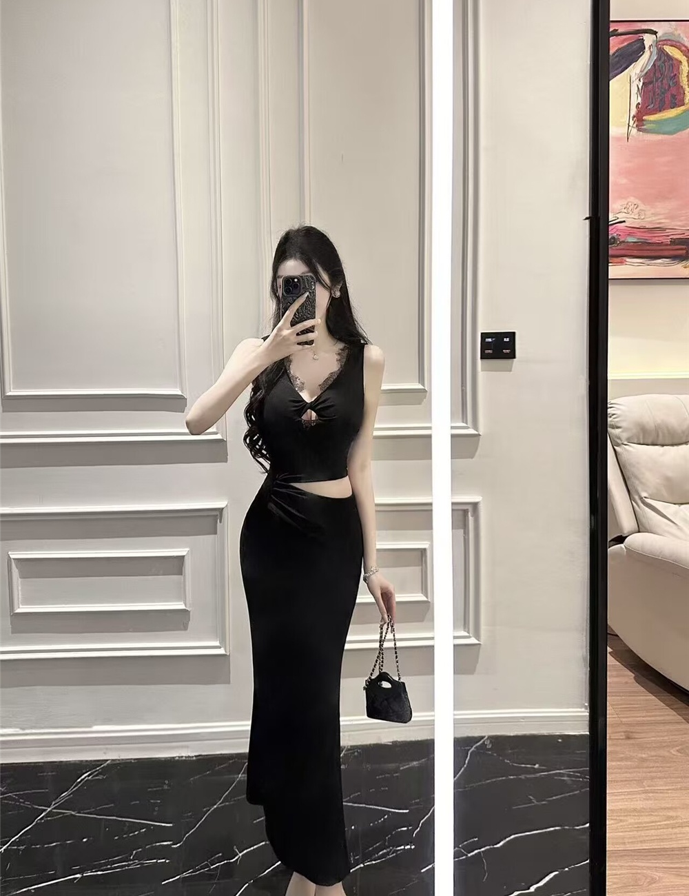 Spring and summer black lace V-neck splice hollow dress