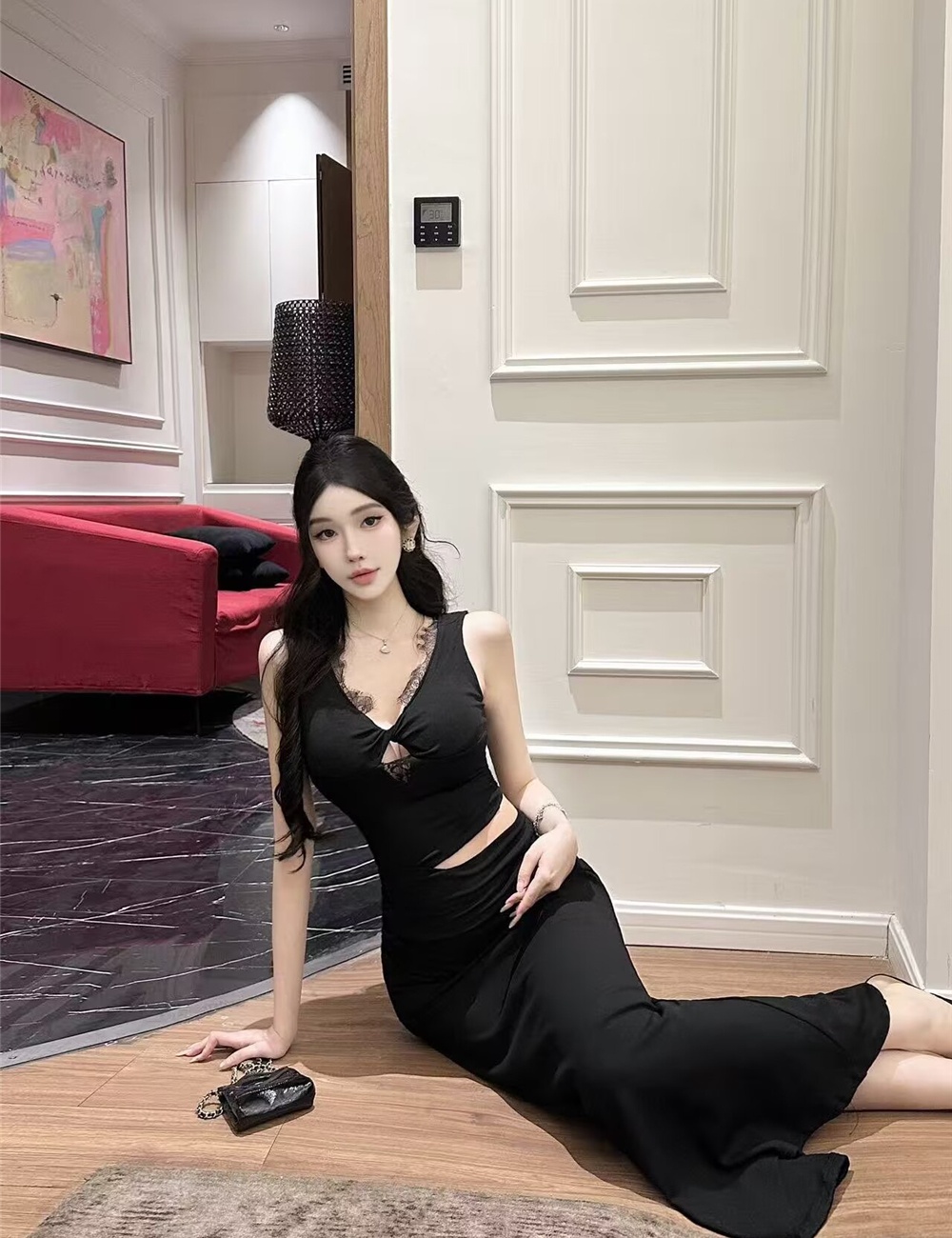 Spring and summer black lace V-neck splice hollow dress