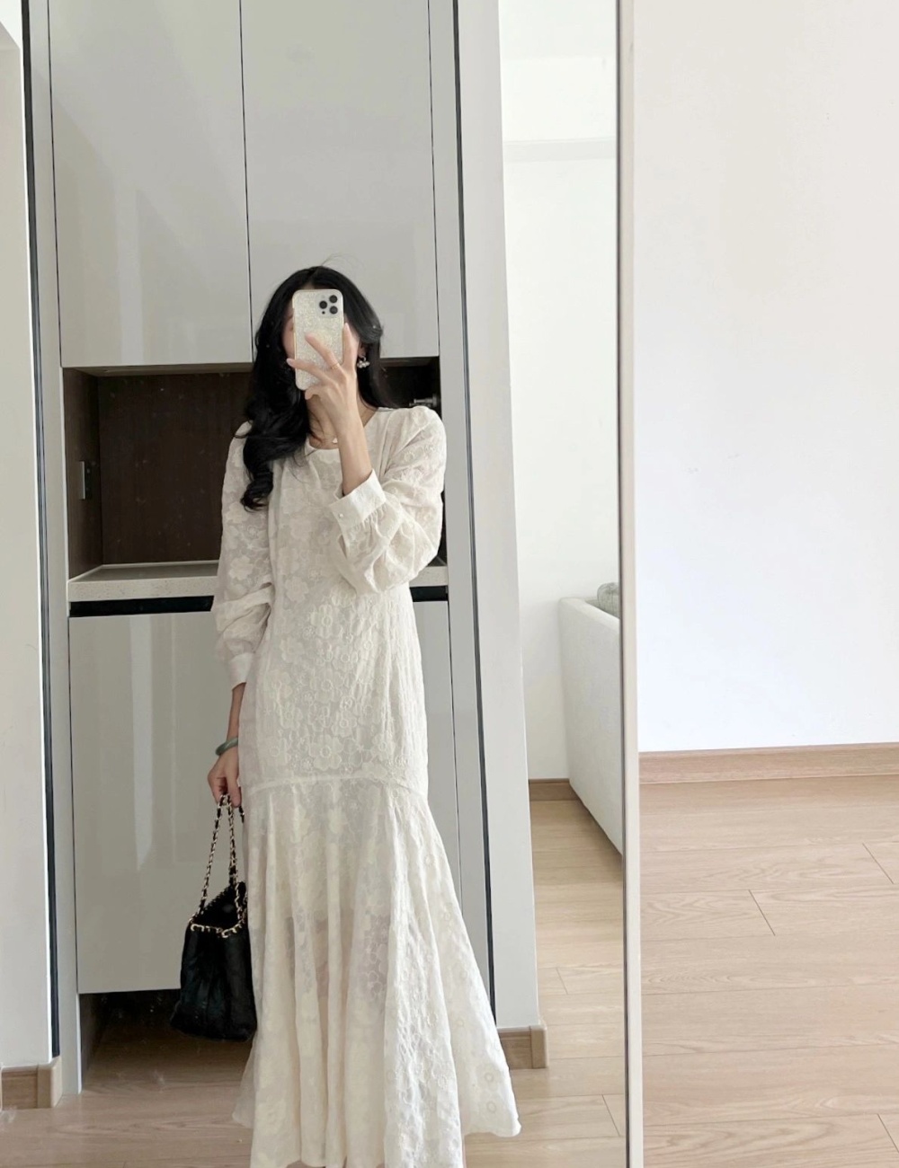 Embroidery white dress chiffon France style long dress