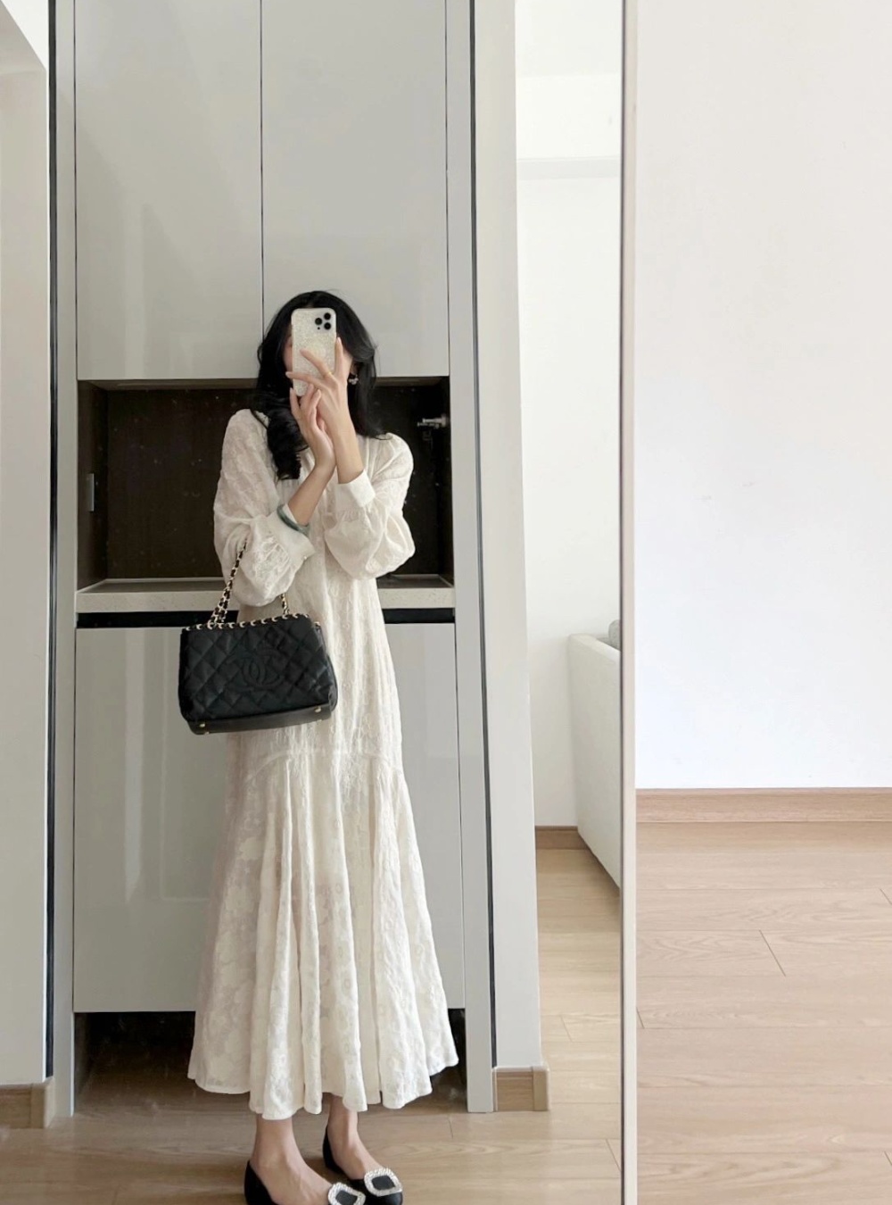 Embroidery white dress chiffon France style long dress