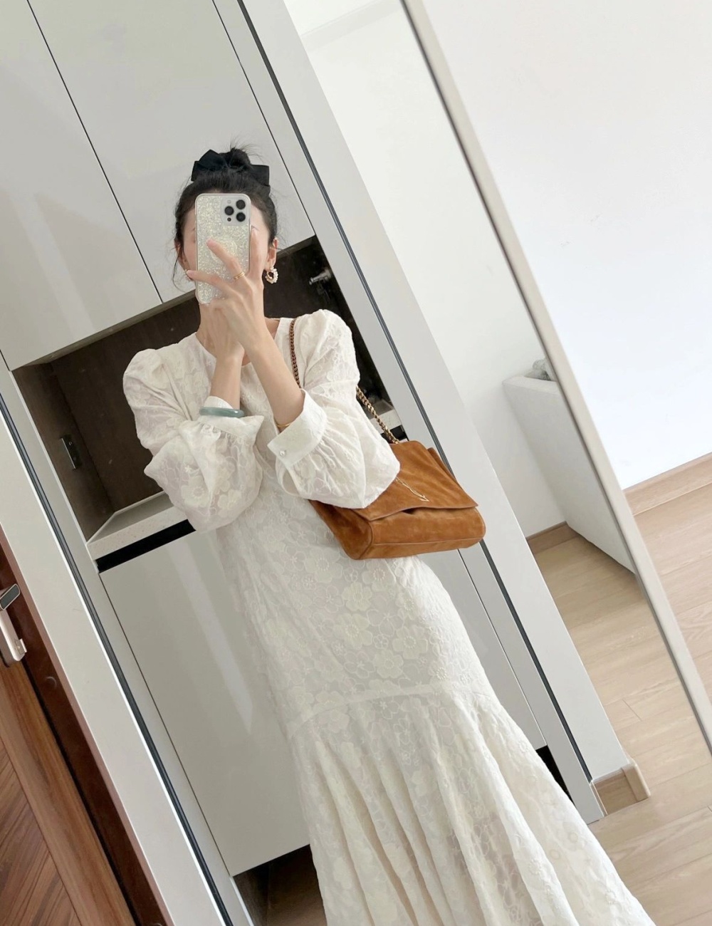 Embroidery white dress chiffon France style long dress