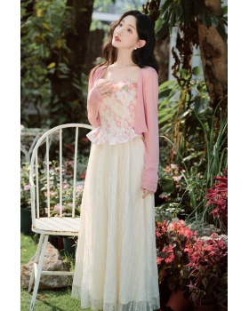 Pinched waist long dress lace tops 2pcs set