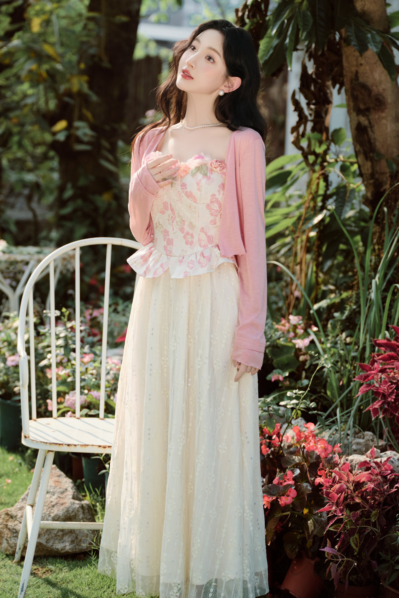 Pinched waist long dress lace tops 2pcs set