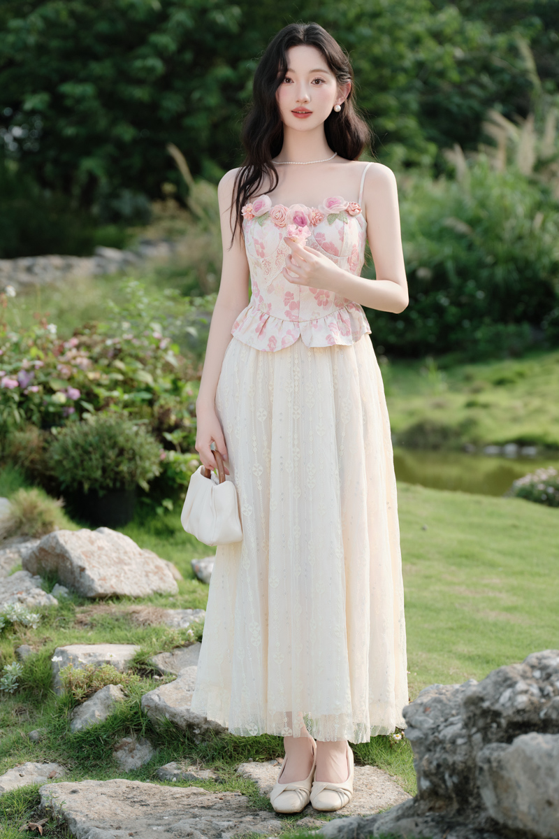 Pinched waist long dress lace tops 2pcs set