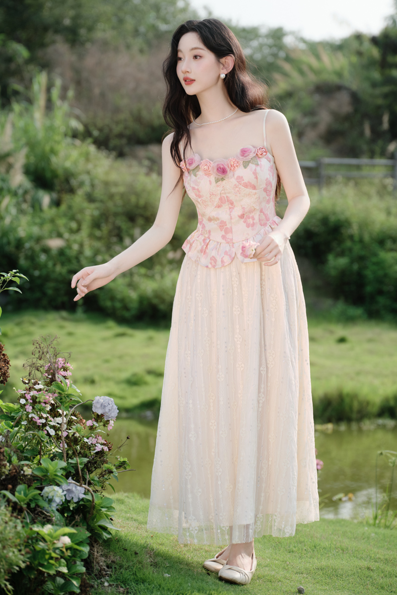 Pinched waist long dress lace tops 2pcs set